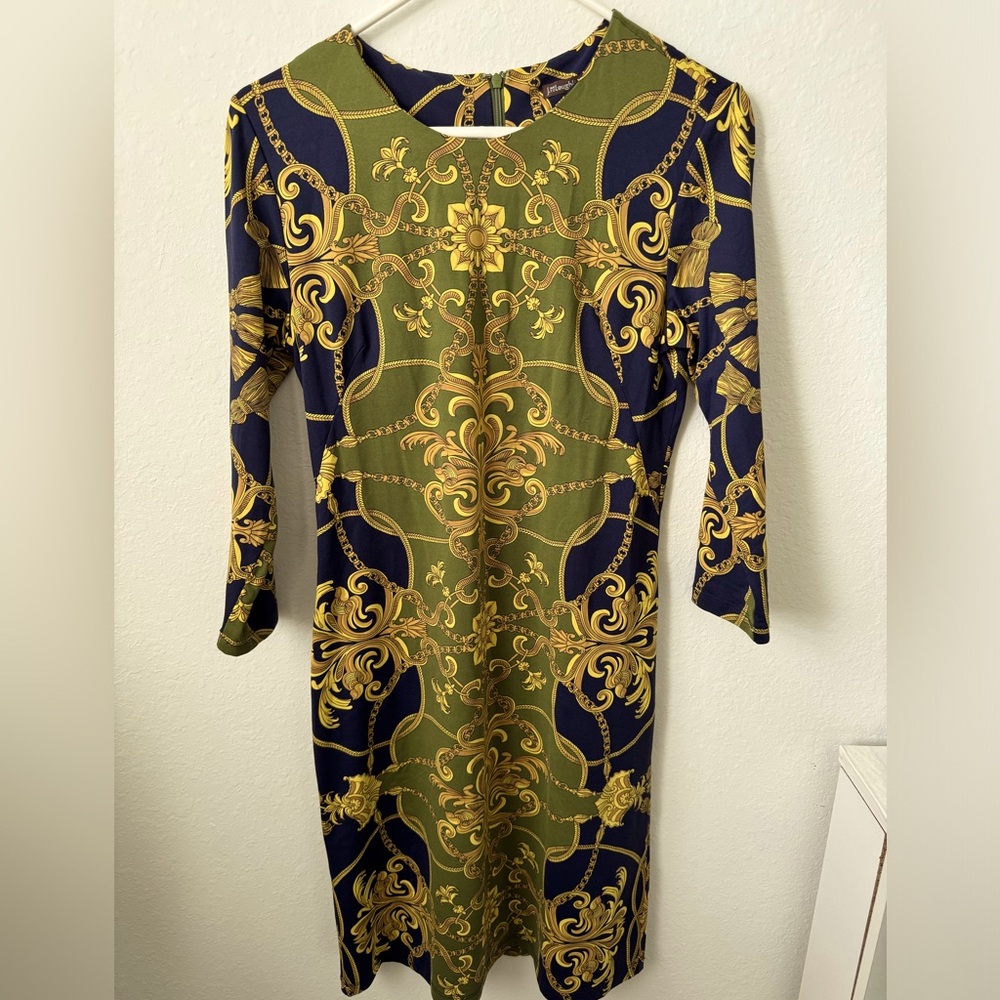 J. McLaughlin Sophia Catalina Cloth Crew Neck Dress 3/4 Olive Navy Tassel SZ S